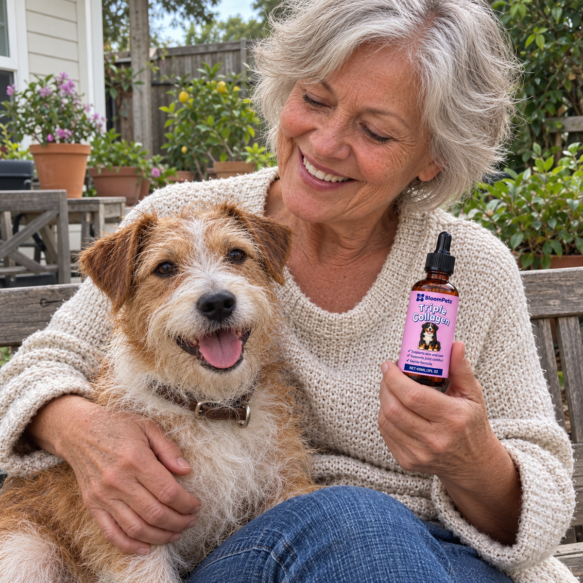 An owner and her dog on the garden step
