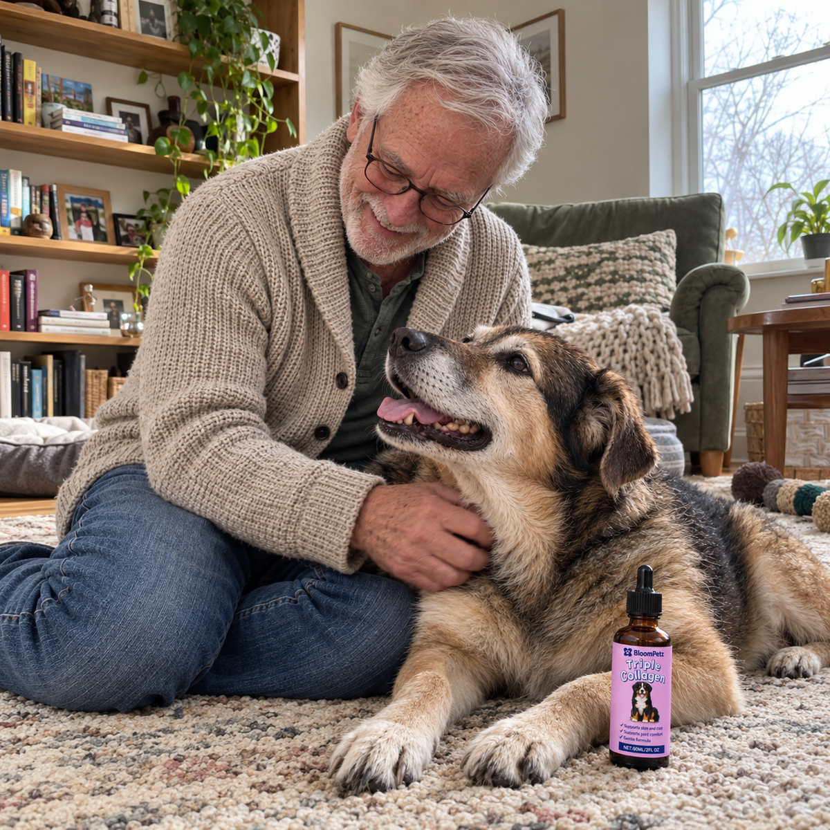 An owner with his senior dog