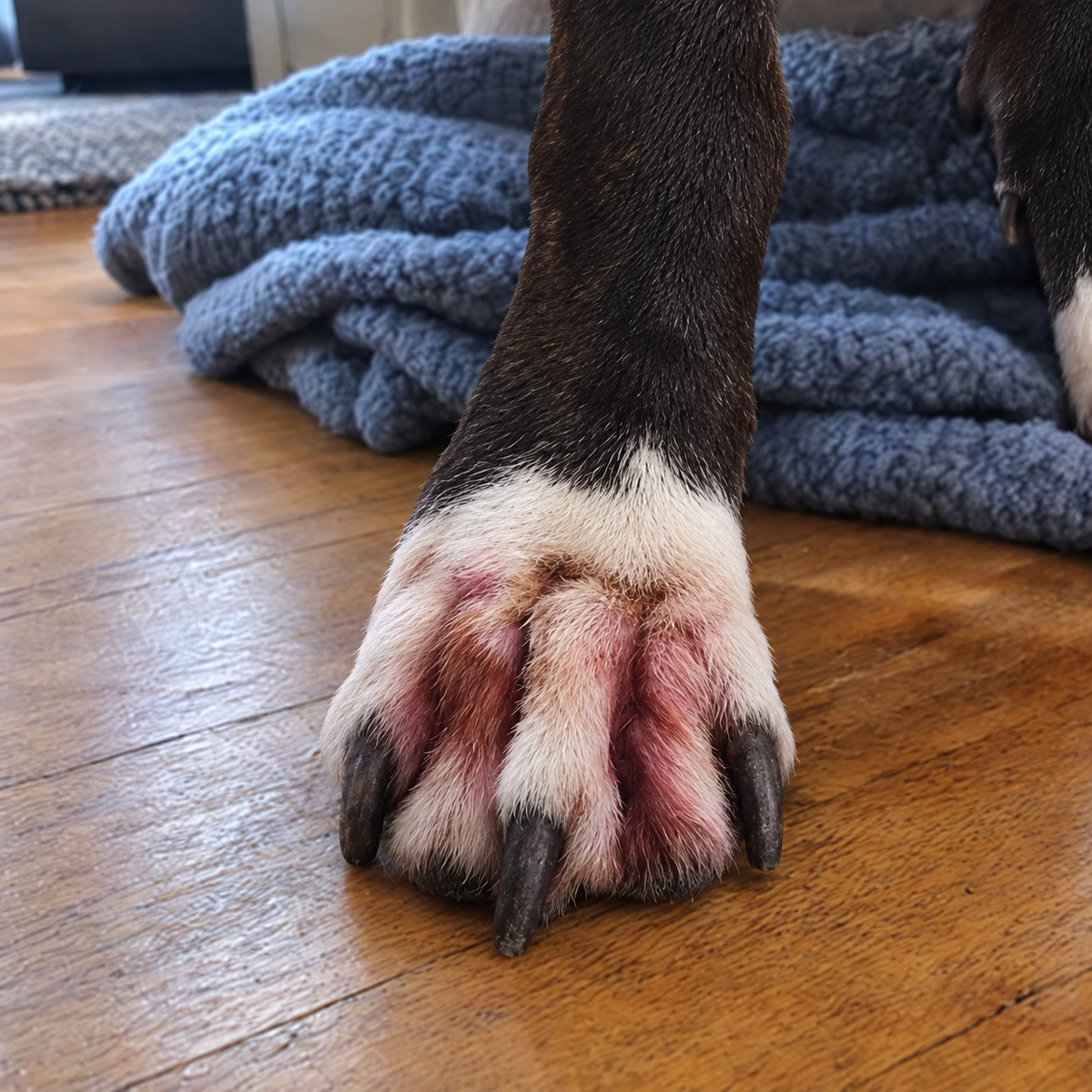 Red, licked-raw paw at the start