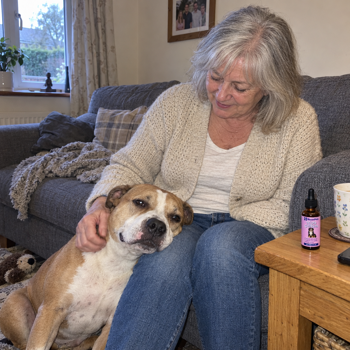 An owner at home with her staffy