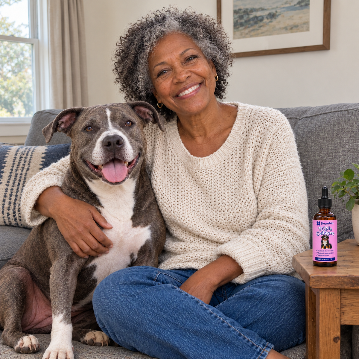 An owner with her brindle pit mix