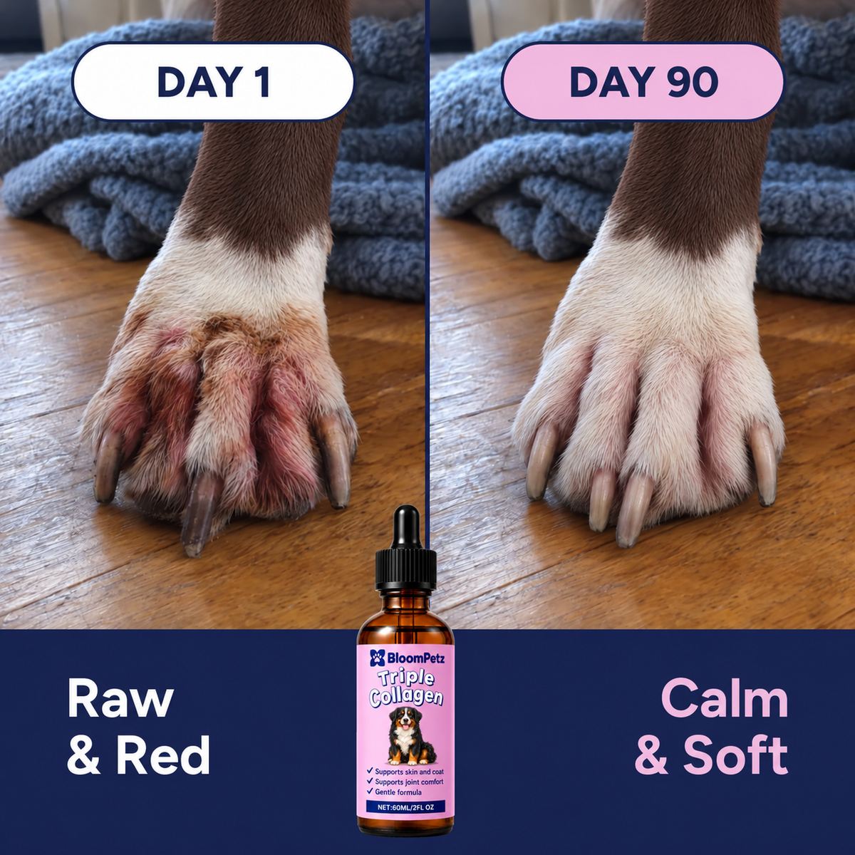 Itchy paw on day 1 and calm paw on day 90
